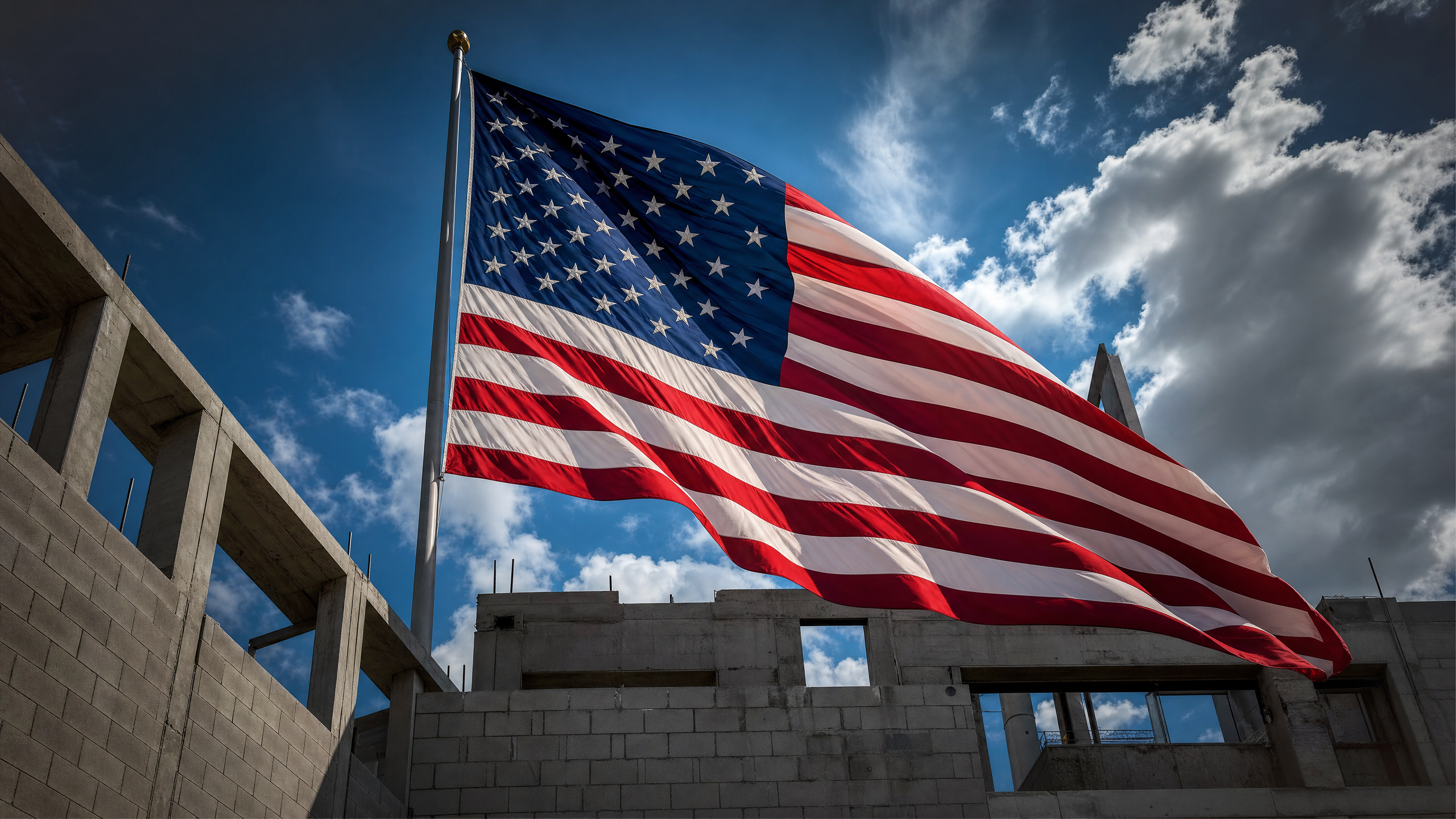 American flag at construction site