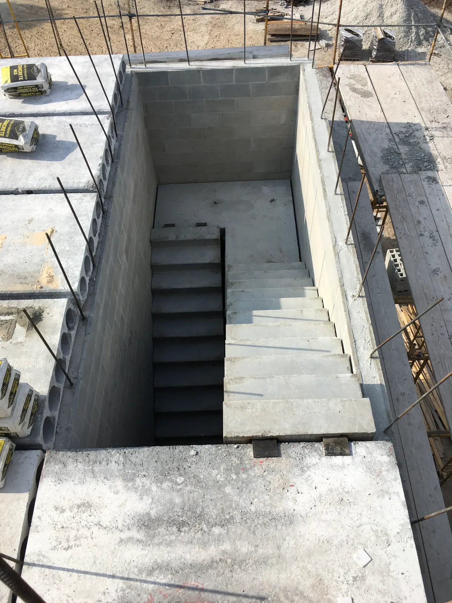 Precast concrete staircase from above showing dual stair run